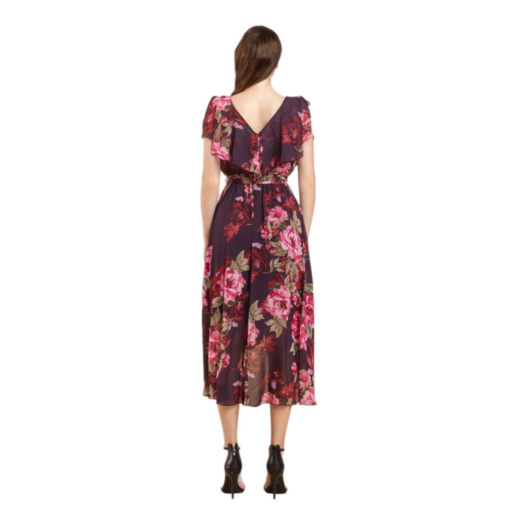 Plum and Red Roses Wrapped Ruffles Hi-Lo Midi Dress - Size 8 - Picture 4 of 8